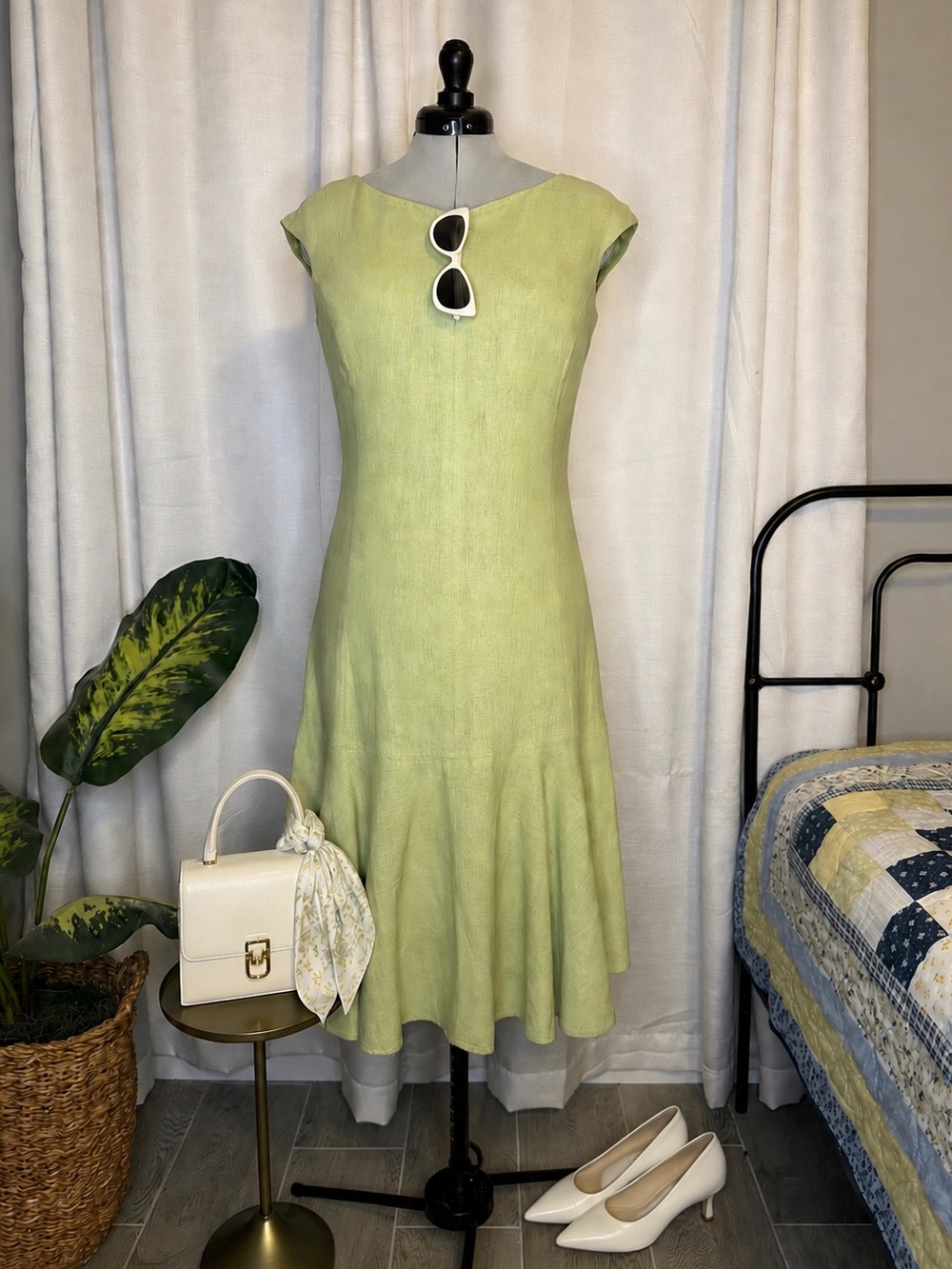 Vintage Miss Dorby 90s Minimalist Drop Waist Flounce Midi Dress Green Size 6